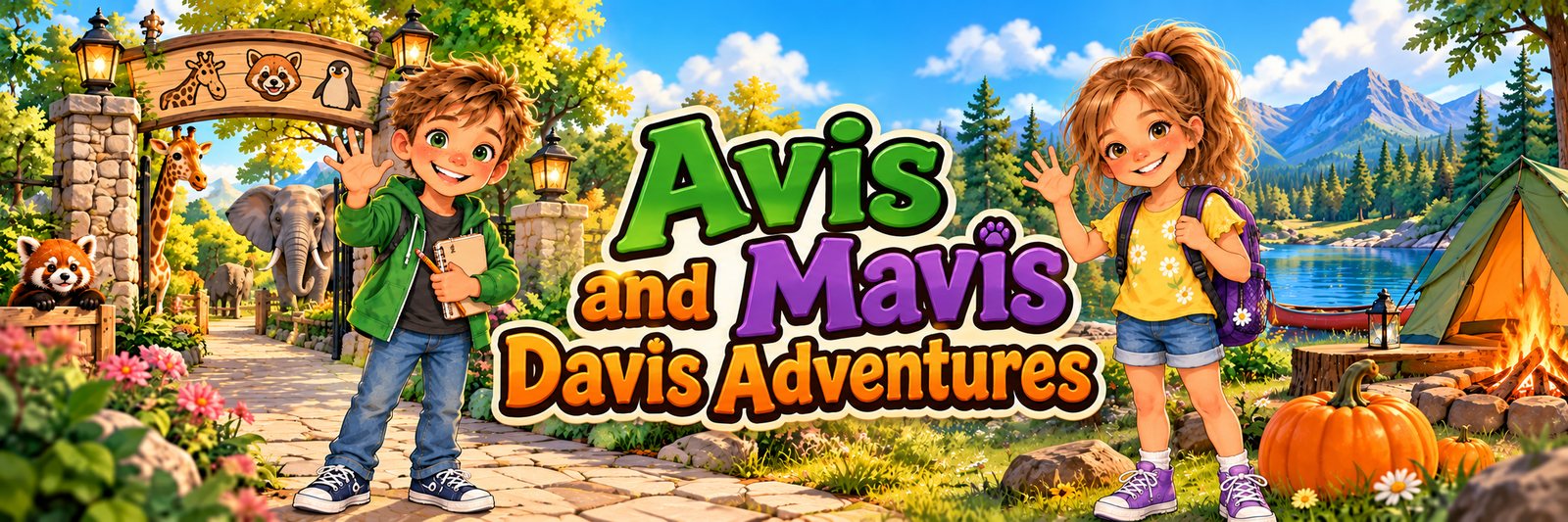 Avis and Mavis Davis waving at a zoo gate with a red panda, elephant and giraffe, with a camp tent and lake behind them