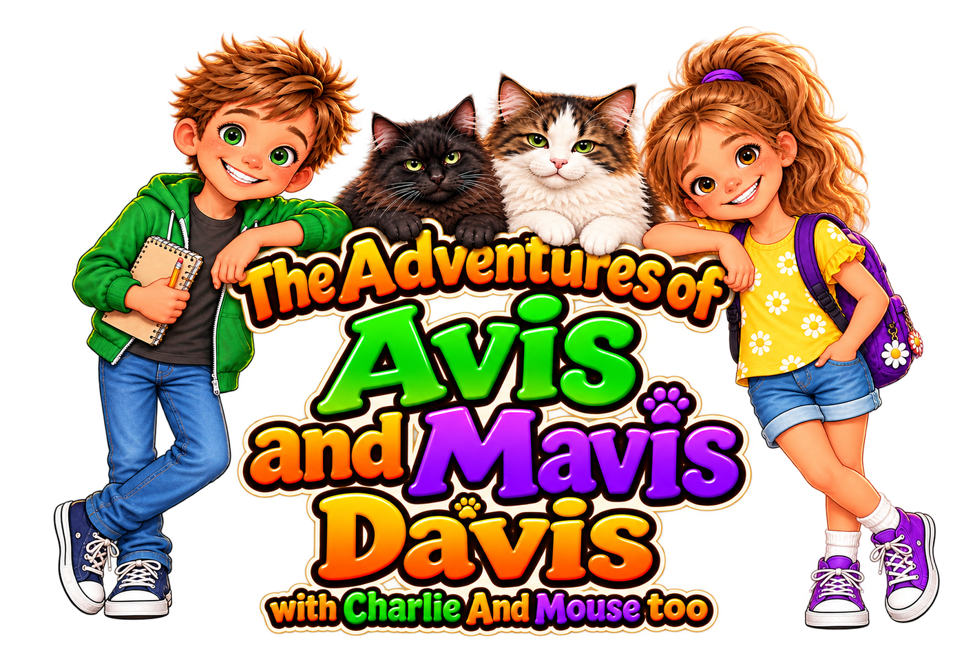 Avis and Mavis leaning on their two fluffy cats, Charlie and Mouse